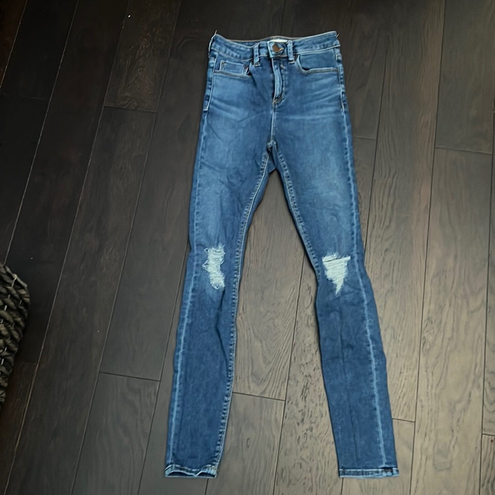 ASOS RIDLEY High Waist Skinny Jeans w Ripped Knees in Dark Wash Blue / W 26 L 32